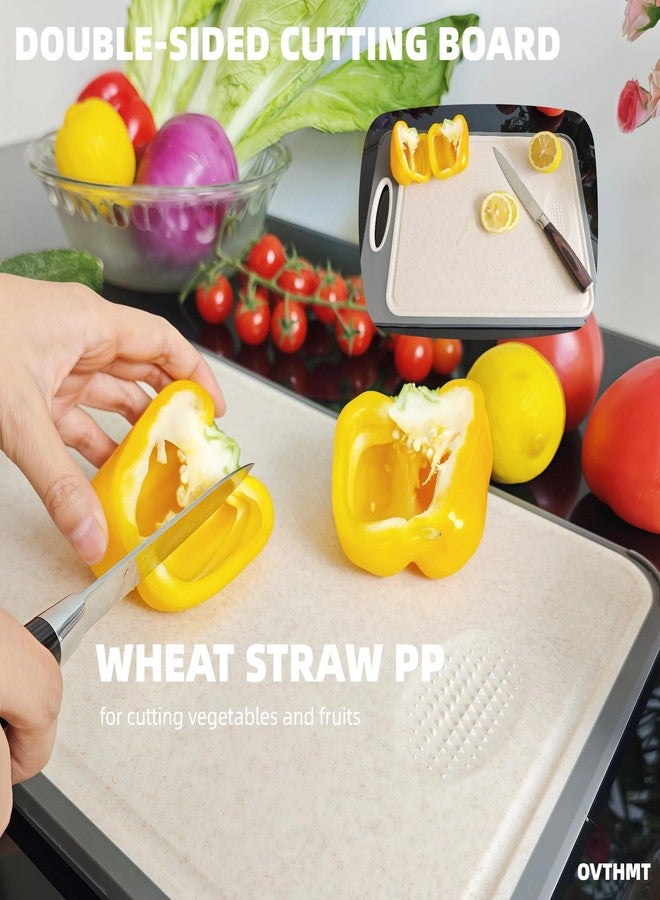 OVTHMT Double Sided Cutting Board with Handle, Metal, Stainless Steel, Wheat Straw, Kitchen Cutting Board, Non-Slip Border, Large Chopping Board, 3D Textured - Image 3