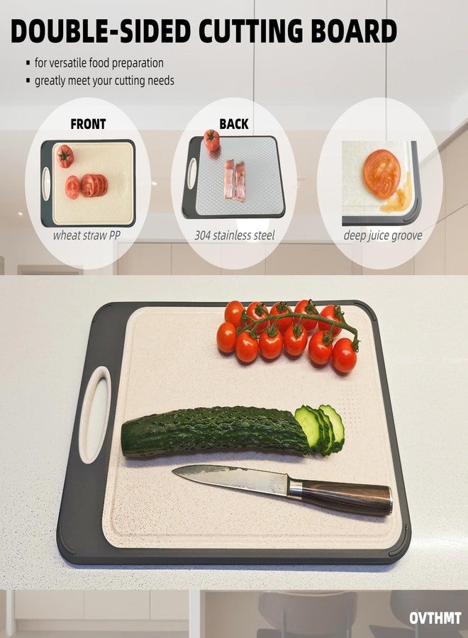 OVTHMT Double Sided Cutting Board with Handle, Metal, Stainless Steel, Wheat Straw, Kitchen Cutting Board, Non-Slip Border, Large Chopping Board, 3D Textured - Image 5