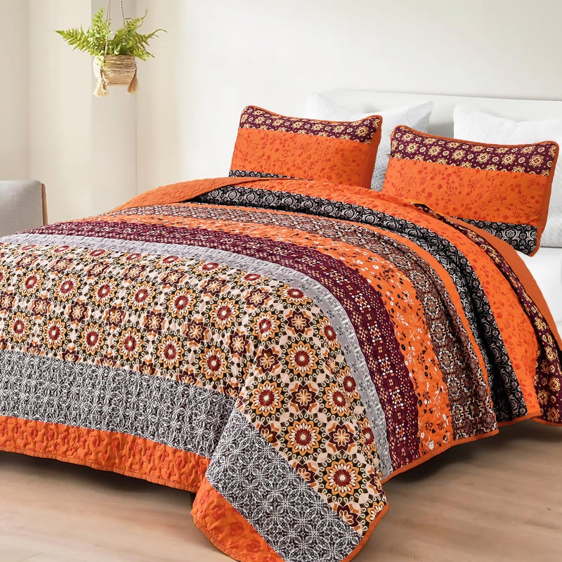 WONGS BEDDING Boho Quilt Set King,Fall Burnt Orange Bohemian Striped Patchwork Bedspread Coverlet Set with 2 Pillowcases,Lightweight Microfiber Floral Bedding Set 104"Ã—90" - Image 1