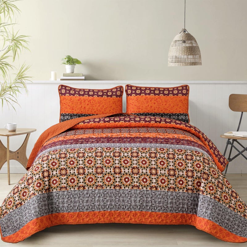 WONGS BEDDING Boho Quilt Set King,Fall Burnt Orange Bohemian Striped Patchwork Bedspread Coverlet Set with 2 Pillowcases,Lightweight Microfiber Floral Bedding Set 104"Ã—90" - Image 2