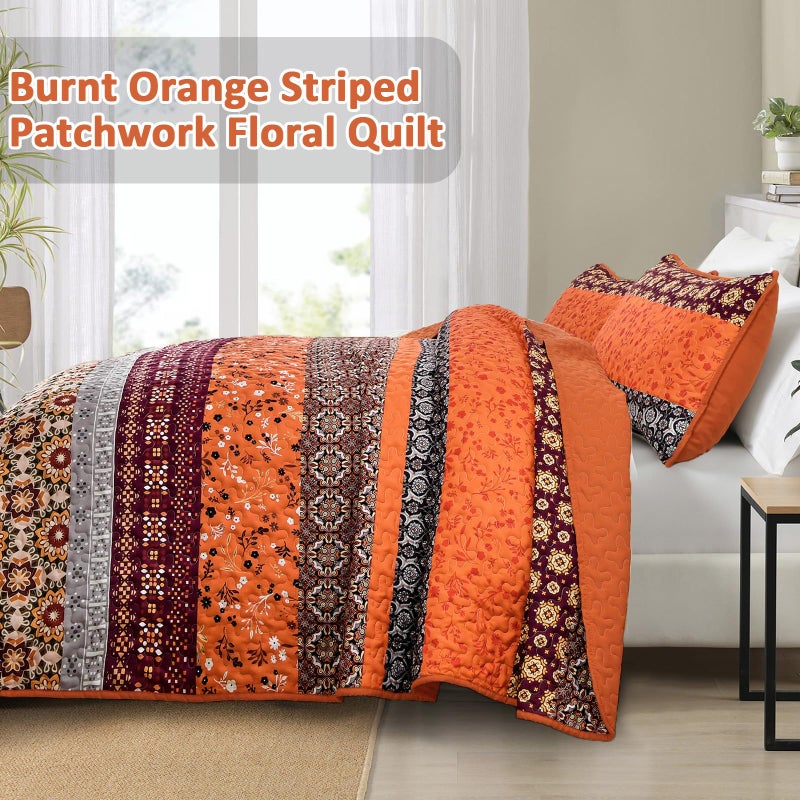 WONGS BEDDING Boho Quilt Set King,Fall Burnt Orange Bohemian Striped Patchwork Bedspread Coverlet Set with 2 Pillowcases,Lightweight Microfiber Floral Bedding Set 104"Ã—90" - Image 3
