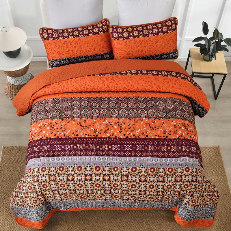 WONGS BEDDING Boho Quilt Set King,Fall Burnt Orange Bohemian Striped Patchwork Bedspread Coverlet Set with 2 Pillowcases,Lightweight Microfiber Floral Bedding Set 104"Ã—90" - Image 4
