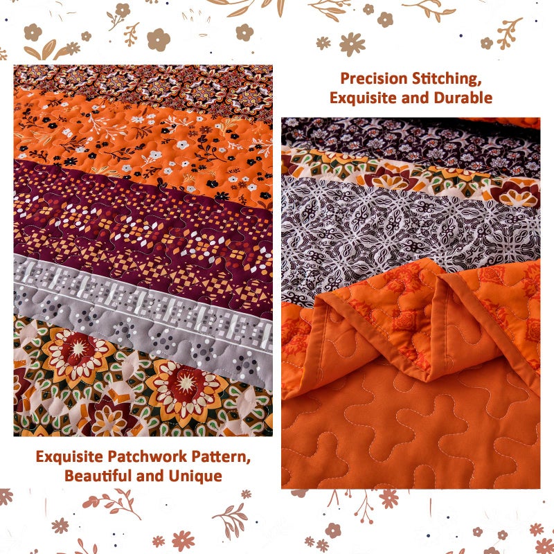 WONGS BEDDING Boho Quilt Set King,Fall Burnt Orange Bohemian Striped Patchwork Bedspread Coverlet Set with 2 Pillowcases,Lightweight Microfiber Floral Bedding Set 104"Ã—90" - Image 5