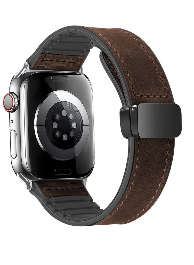 Magnetic Leather Bands Compatible with Apple Watch 49mm 46mm 45mm 44mm 42mm(Series 3/2/1) for Men Women, Genuine Leather with Magnetic Buckle for iWatch Ultra 1/2 Series SE/10/9/8/7/6/5/4/3,Deep Brown
