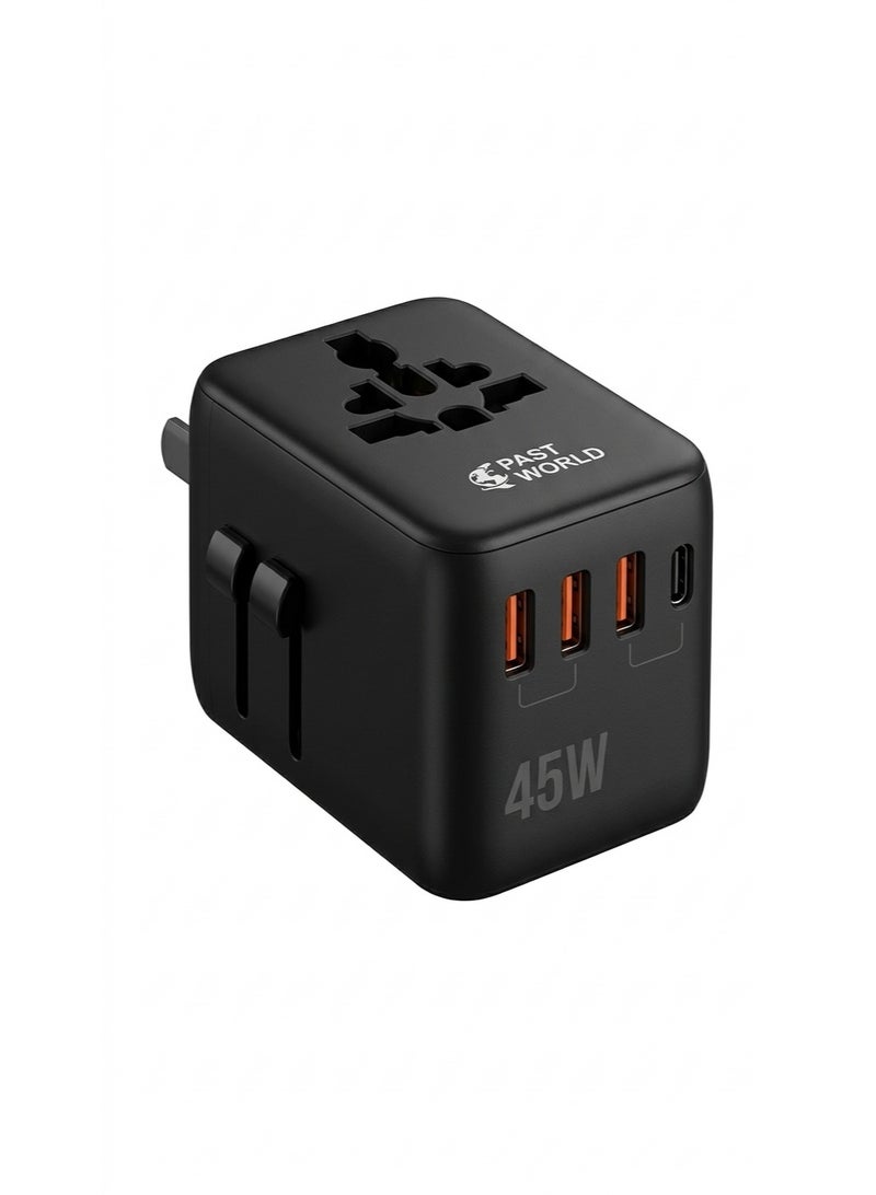 PAST WORLD One-World 45W GaN International Travel Adapter - 5-Port Fast Charger (USB-C & USB-A) with AC Outlet - Worldwide Compatibility - Model BW-304 - Image 1