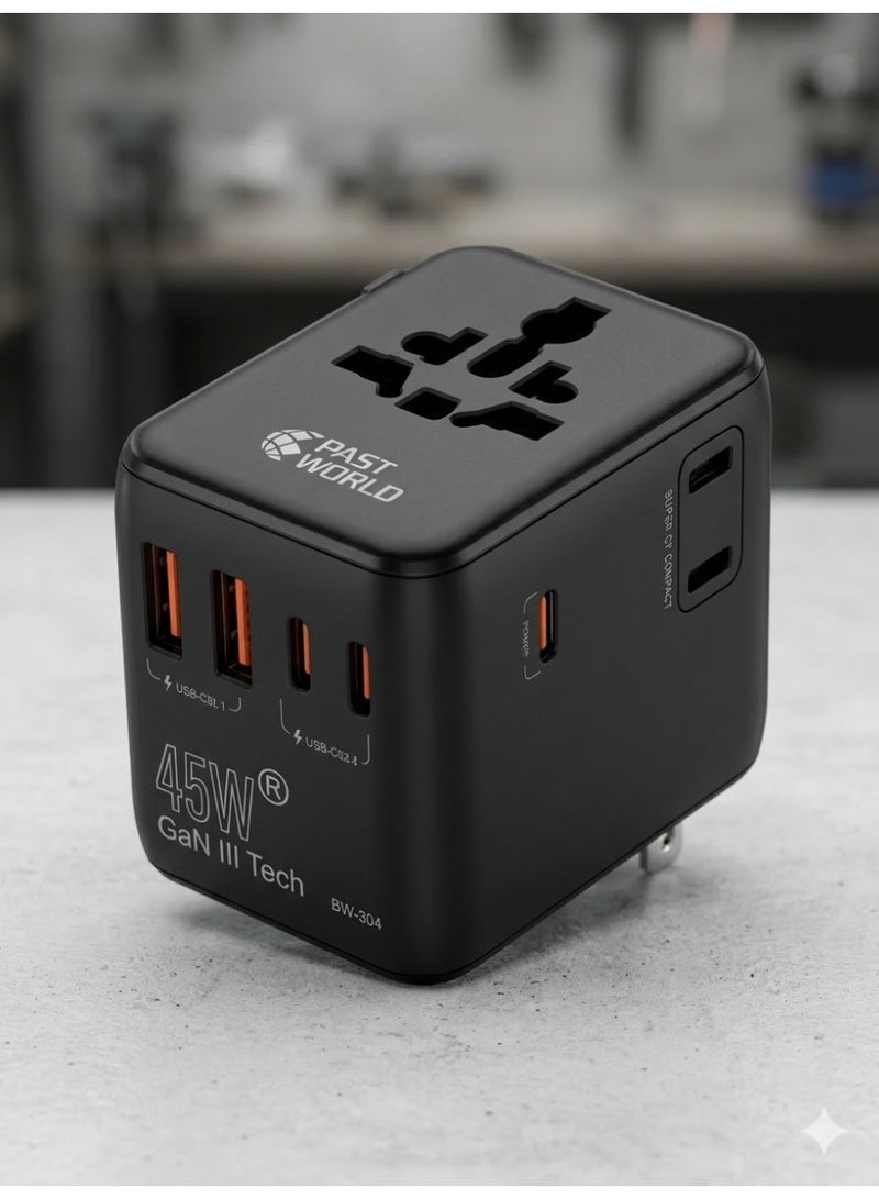 PAST WORLD One-World 45W GaN International Travel Adapter - 5-Port Fast Charger (USB-C & USB-A) with AC Outlet - Worldwide Compatibility - Model BW-304 - Image 2