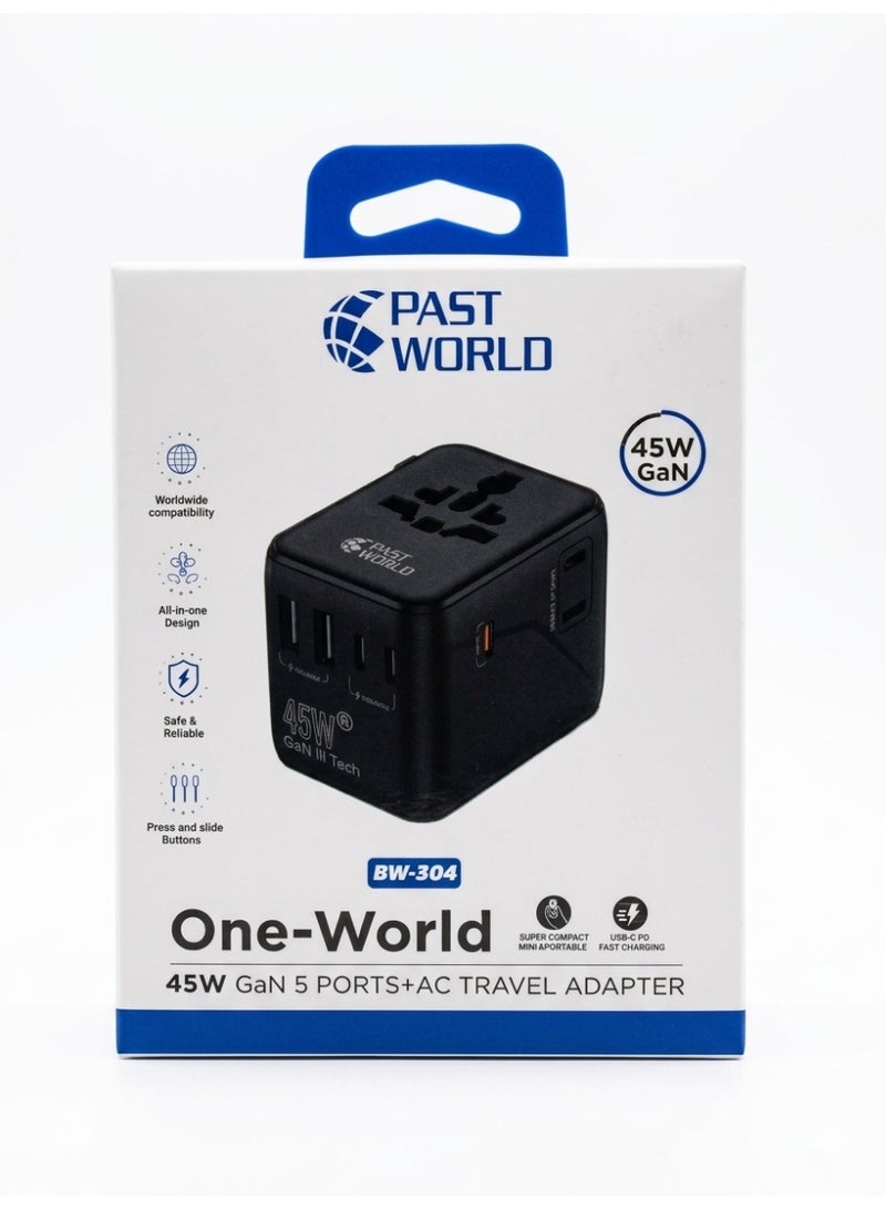 PAST WORLD One-World 45W GaN International Travel Adapter - 5-Port Fast Charger (USB-C & USB-A) with AC Outlet - Worldwide Compatibility - Model BW-304 - Image 3