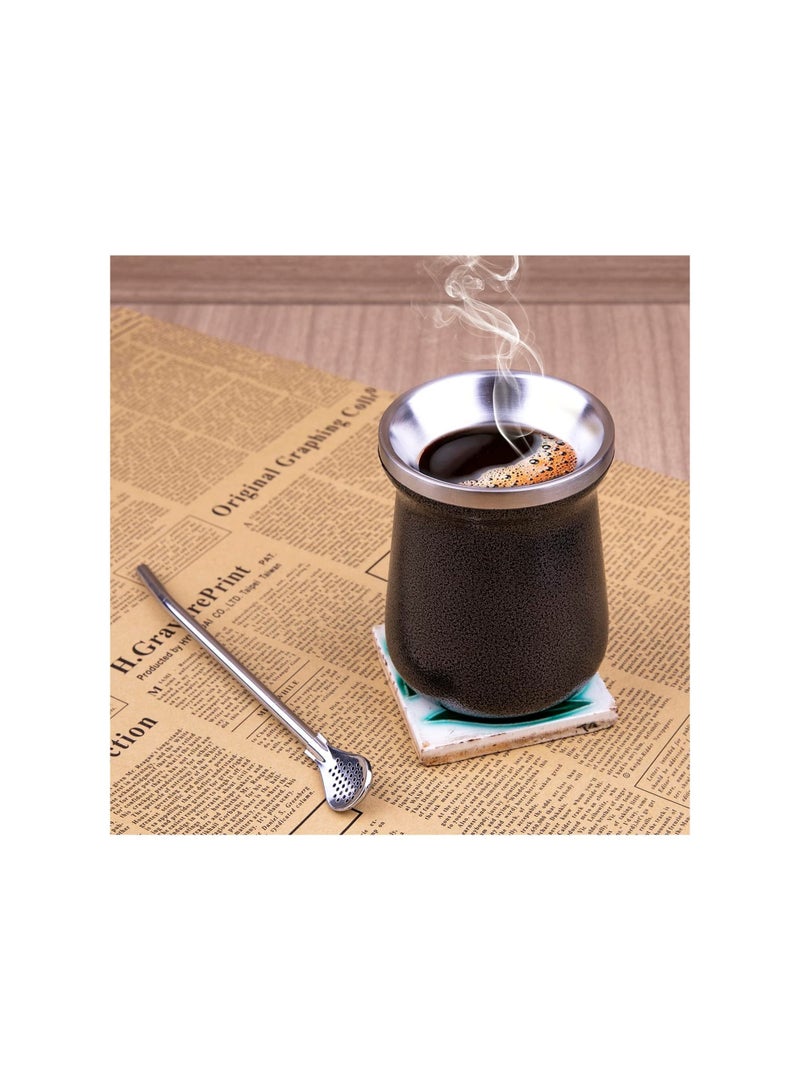 إكسفور كوب شاي يربا ماتي بسعة 8 أونصات من الفولاذ المقاوم للصدأ والرخام الأسود مزدوج الجدران سهل الغسل كوب عازل منزلي لشرب يربا ماتي يشتمل على قش بومبيلا - Image 4