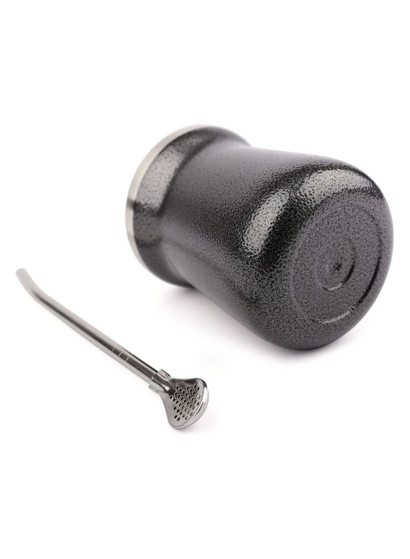 إكسفور كوب شاي يربا ماتي بسعة 8 أونصات من الفولاذ المقاوم للصدأ والرخام الأسود مزدوج الجدران سهل الغسل كوب عازل منزلي لشرب يربا ماتي يشتمل على قش بومبيلا - Image 2