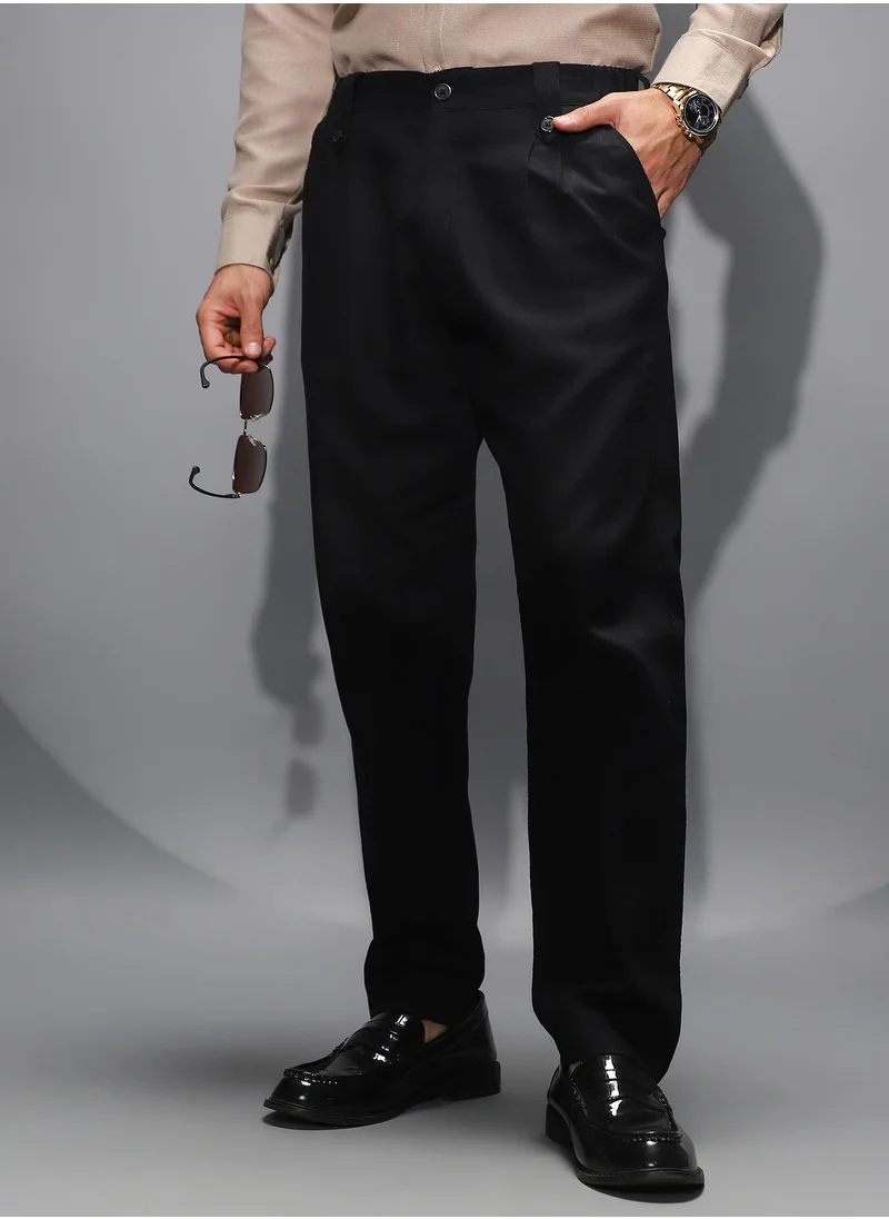 كامبوس سوترا Men's Onyx Black Ribbed-Pleated Chino Trousers For Casual Wear | Mid-Rise | Regular Fit | Button Closure | Trousers Shirt Crafted With Comfort Fit For Everyday Wear