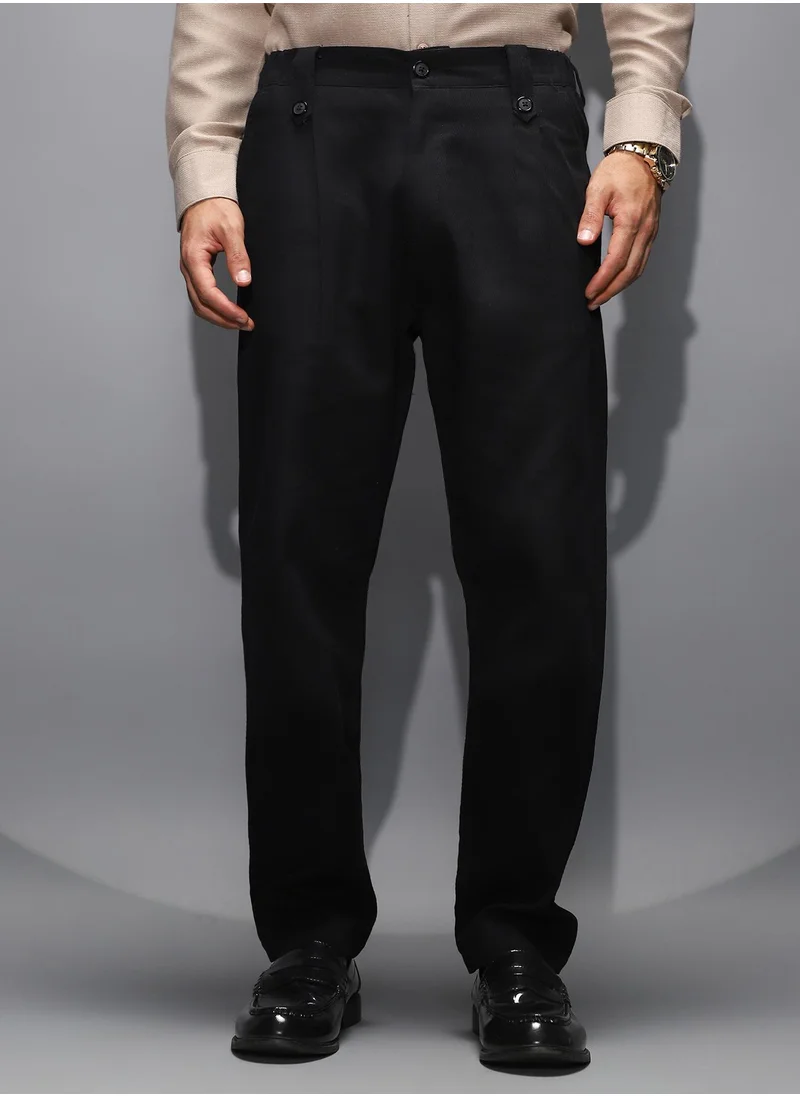 كامبوس سوترا Men's Onyx Black Ribbed-Pleated Chino Trousers For Casual Wear | Mid-Rise | Regular Fit | Button Closure | Trousers Shirt Crafted With Comfort Fit For Everyday Wear