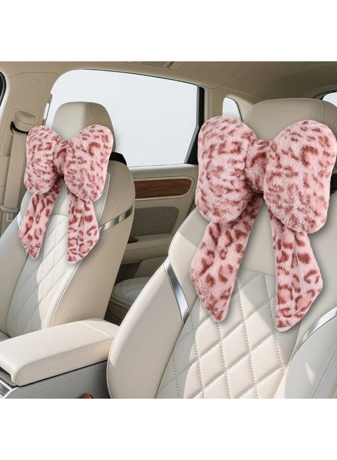iHUFeather 2 Pack Bow Car Headrest Pillow Comfortable Soft Plush Head Rest Cushion, Neck Pillow for Driving Office Use and Car Interior Decoration (Pink Leopard) - Image 1