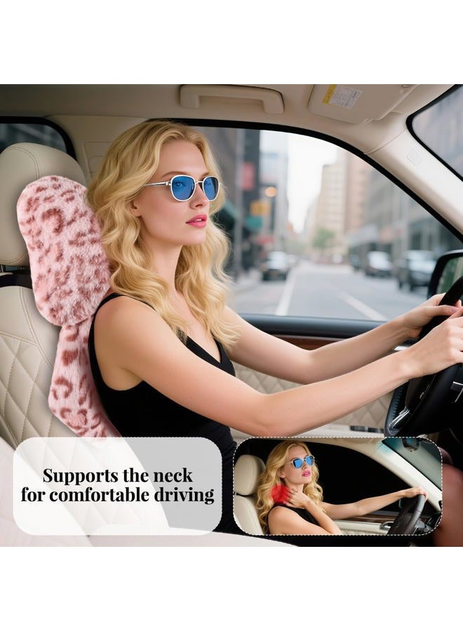 iHUFeather 2 Pack Bow Car Headrest Pillow Comfortable Soft Plush Head Rest Cushion, Neck Pillow for Driving Office Use and Car Interior Decoration (Pink Leopard) - Image 3