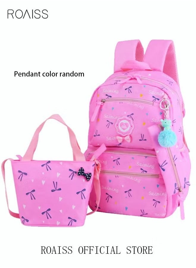 roaiss 3pcs Heart and Bowknot Printed Graphic Cute Functional Backpack Set Schoolbag and Shoulder Bag and Pencil Case with Doll Pendant for Kids/Girls Pink,Lightweight Waterproof Casual Bag  - Image 1