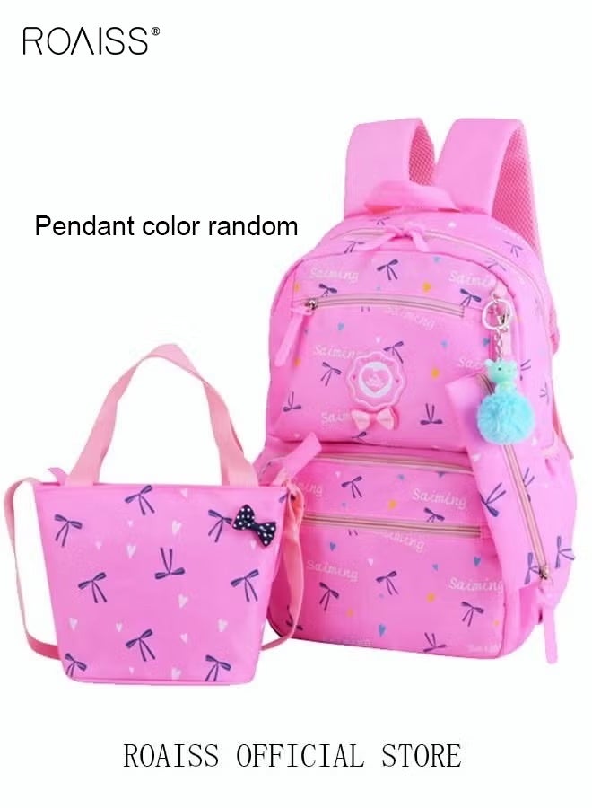 roaiss 3pcs Heart and Bowknot Printed Graphic Cute Functional Backpack Set Schoolbag and Shoulder Bag and Pencil Case with Doll Pendant for Kids/Girls Pink Lightweight Waterproof Casual Bag Large Capacity - Image 2
