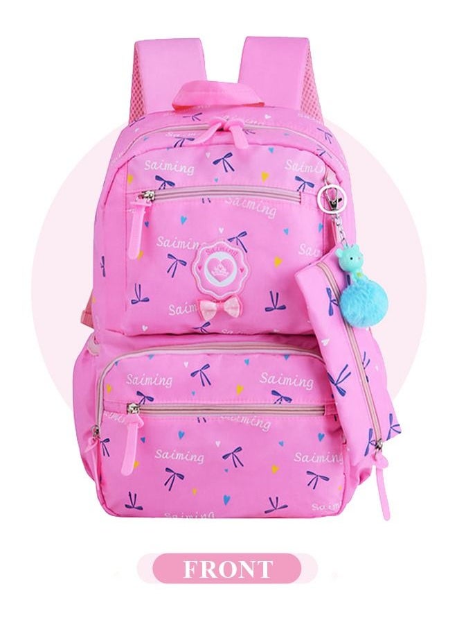 roaiss 3pcs Heart and Bowknot Printed Graphic Cute Functional Backpack Set Schoolbag and Shoulder Bag and Pencil Case with Doll Pendant for Kids/Girls Pink,Lightweight Waterproof Casual Bag  - Image 3