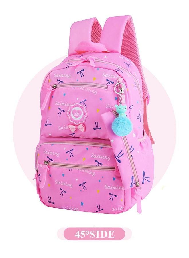 roaiss 3pcs Heart and Bowknot Printed Graphic Cute Functional Backpack Set Schoolbag and Shoulder Bag and Pencil Case with Doll Pendant for Kids/Girls Pink,Lightweight Waterproof Casual Bag  - Image 4