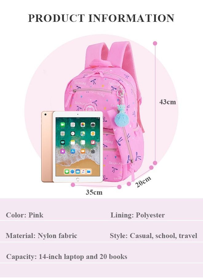 roaiss 3pcs Heart and Bowknot Printed Graphic Cute Functional Backpack Set Schoolbag and Shoulder Bag and Pencil Case with Doll Pendant for Kids/Girls Pink,Lightweight Waterproof Casual Bag  - Image 2