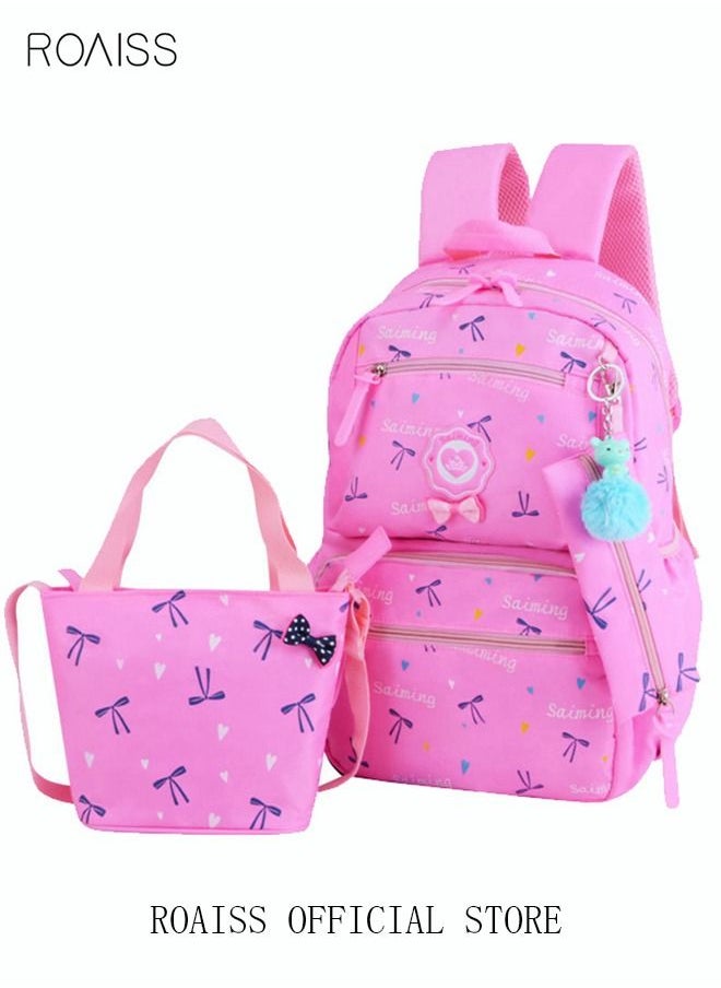 roaiss 3pcs Heart and Bowknot Printed Graphic Cute Functional Backpack Set Schoolbag and Shoulder Bag and Pencil Case with Doll Pendant for Kids/Girls Pink,Lightweight Waterproof Casual Bag  - Image 1