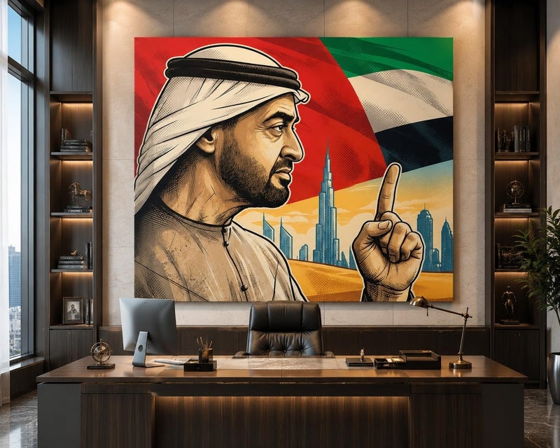 ARS Sheikh Mohamed bin Zayed Canvas Wall Art Modern UAE Flag Portrait Poster with Dubai Burj Khalifa Skyline, Patriotic United Arab Emirates Arabic Painting Print for Office, Ready to Hang - Image 1