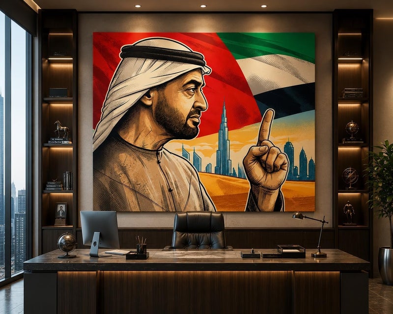 ARS Sheikh Mohamed bin Zayed Canvas Wall Art Modern UAE Flag Portrait Poster with Dubai Burj Khalifa Skyline, Patriotic United Arab Emirates Arabic Painting Print for Office, Ready to Hang - Image 2