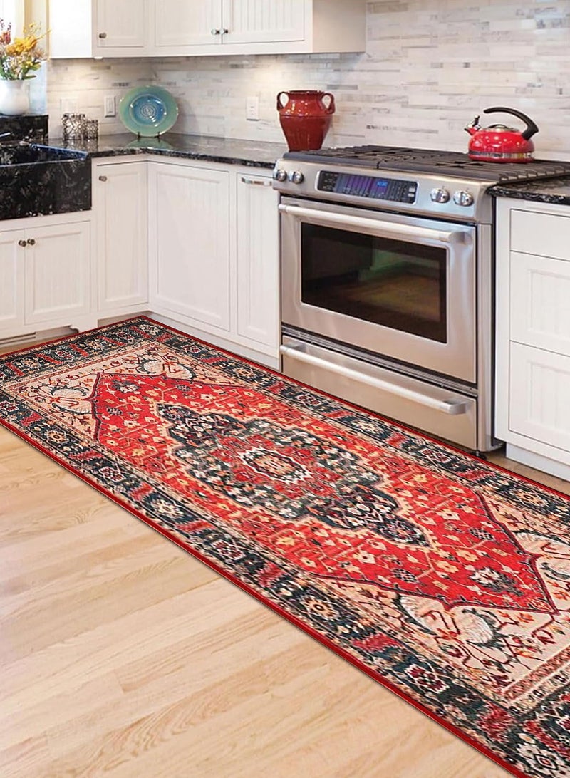 هومار كيت سجادة قابلة للغسل، 60 × 160 سم، سجادة مدخل بوهو عتيقة غير قابلة للانزلاق مع دعامة مطاطية، مقاومة للبقع ووبر منخفض، سجادة من الصوف الصناعي المتهالك لغرفة النوم والمطبخ وغرفة الغسيل والمدخل - Image 4
