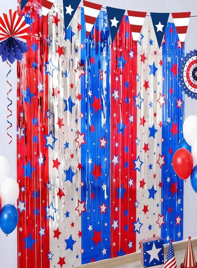 Qmraercu 3 Pack 4th of July Decorations Red White and Blue Metallic Foil Fringe Curtains Streamers Patriotic Photobooth Props Party Backdrop for 4th of July Independence Day Photo Backdrop Party Supplies - Image 1
