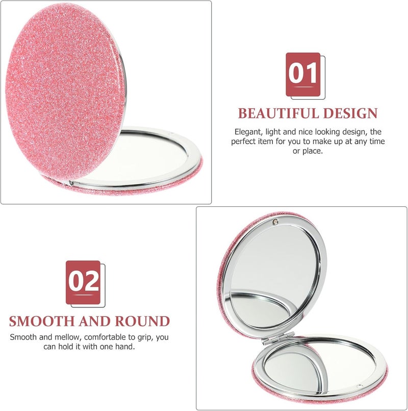 Compact Double-Sided Pu Leather Makeup Mirrors 2pcs Small Pocket Handheld Outdoor Travel Mirrors for Women Pink - Image 3