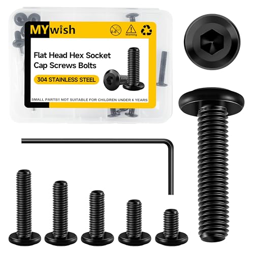 Mywish M6 Bolts x 12/16/20/25/30mm 25Pcs Flat Head Hex Socket Cap Screws Bolts Assortment Kit, 304 Stainless Steel Furniture Bolts, Black Oxide & Hex Spanner - Image 1