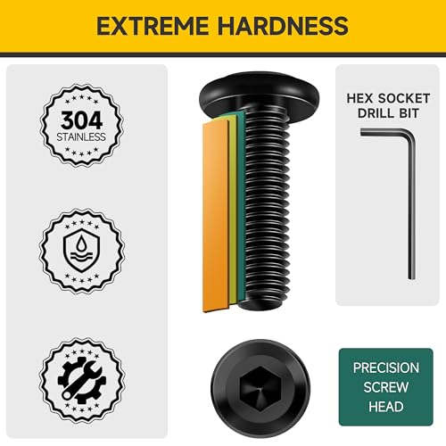 Mywish M6 Bolts x 12/16/20/25/30mm 25Pcs Flat Head Hex Socket Cap Screws Bolts Assortment Kit, 304 Stainless Steel Furniture Bolts, Black Oxide & Hex Spanner - Image 3