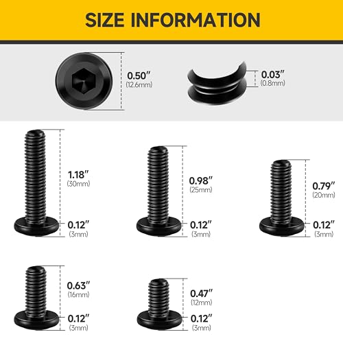 Mywish M6 Bolts x 12/16/20/25/30mm 25Pcs Flat Head Hex Socket Cap Screws Bolts Assortment Kit, 304 Stainless Steel Furniture Bolts, Black Oxide & Hex Spanner - Image 2