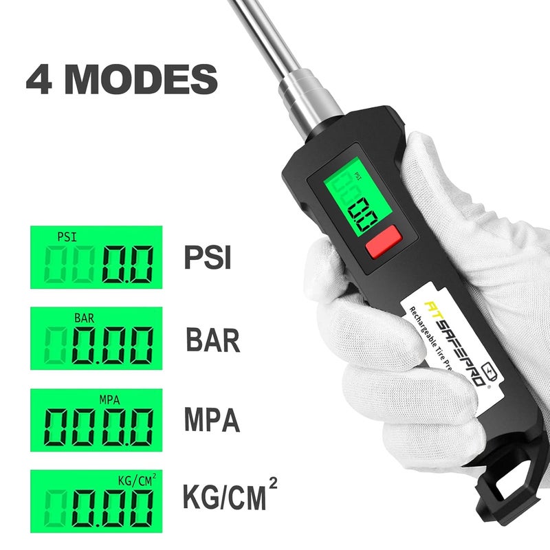 مقياس ضغط الإطارات الرقمي 150 PSI، مزدوج الرأس من الفولاذ المطلي بالكروم مع شاشة LCD مضيئة ومصباح يدوي، قابل لإعادة الشحن للشاحنات النصفية والشاحنات والمركبات الترفيهية والسيارات - Image 3