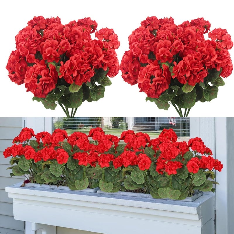 Laelfe 4 Bundles Artificial Red Geraniums for Outdoors Fake Geraniums Faux Silk Geraniums Flowers for Outdoor Indoor Home Balcony Window Boxes Decorations Red