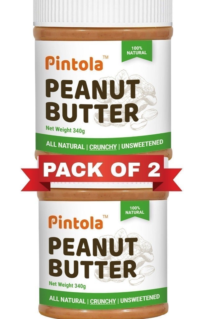 Pintola All Natural Unsweetened Crunchy Peanut Butter 340g (Pack of 2) | High in Protein | Gluten-Free | Vegan | Cholesterol-Free - Image 1