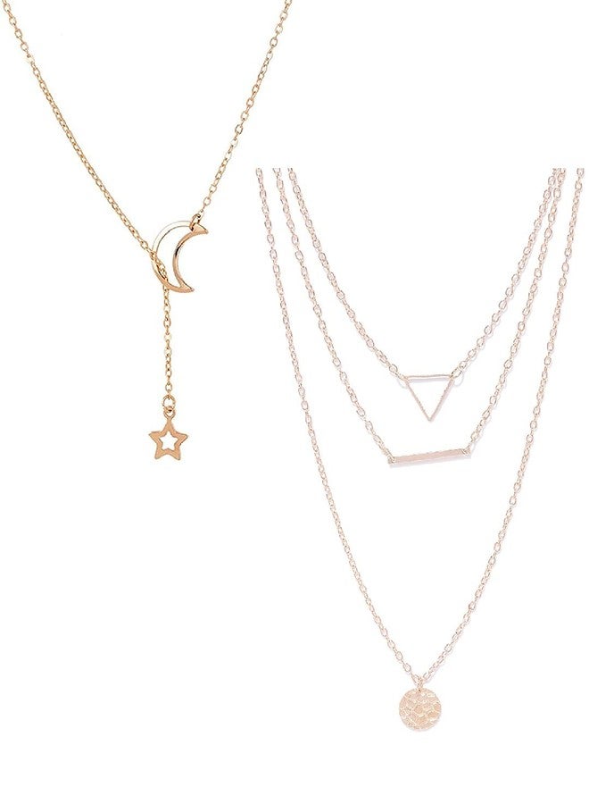 OOMPHelicious Jewellery Set of 2 Gold Multi Layered Multi Strand Star Moon Necklaces for Women & Girls - Image 1