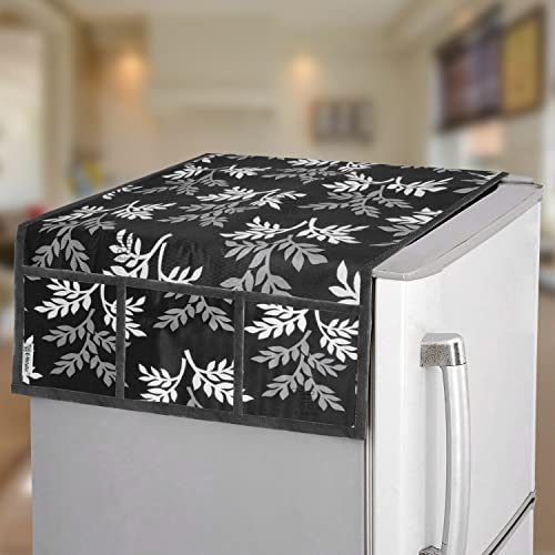 E-Retailer® Exclusive 3-Layered Polyester Combo Set of Appliance Covers (Fridge Top Cover, Microwave Oven Top Cover, Front Load Washing Machine Cover) (Black, Leaf Design, 3 Pcs.) - Image 2