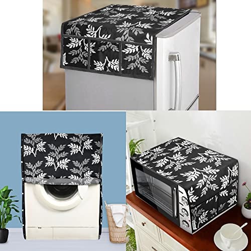 E-Retailer® Exclusive 3-Layered Polyester Combo Set of Appliance Covers (Fridge Top Cover, Microwave Oven Top Cover, Front Load Washing Machine Cover) (Black, Leaf Design, 3 Pcs.) - Image 1