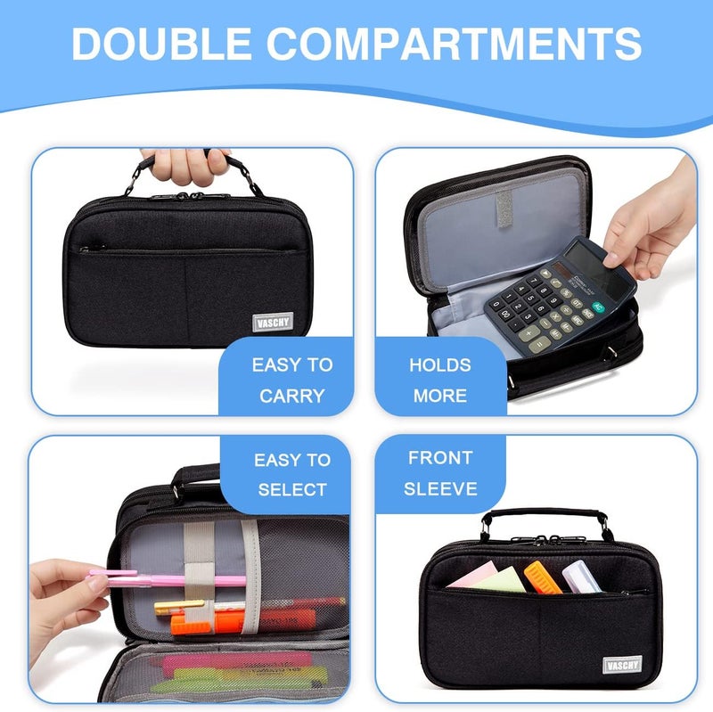 VASCHY Pencil Case, Large Pencil Pouch with Compartments for Middle School,Work,Office Pen Organizer Holder School Supply Black - Image 5
