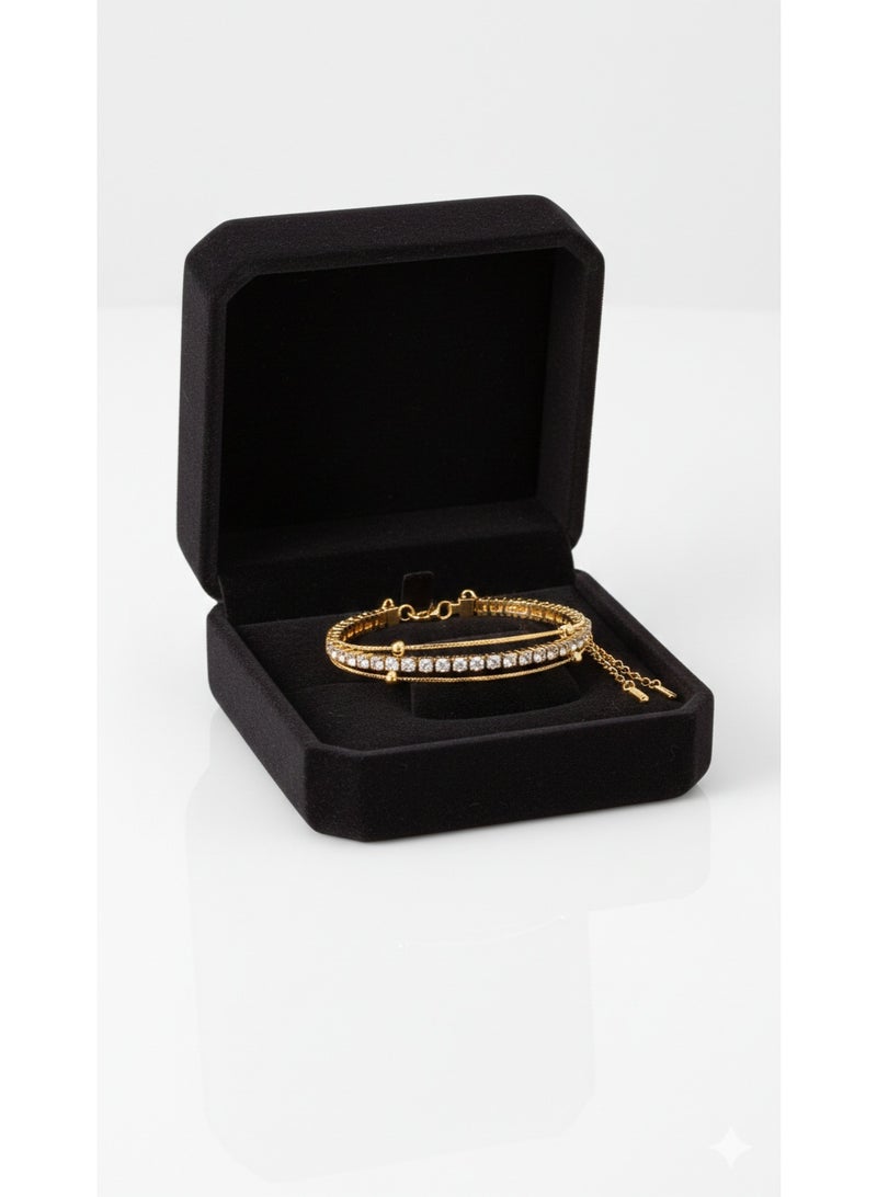 Elegant Double-Layer Gold Bracelet with Crystal Embellishments - Rust Resistant. - Image 3