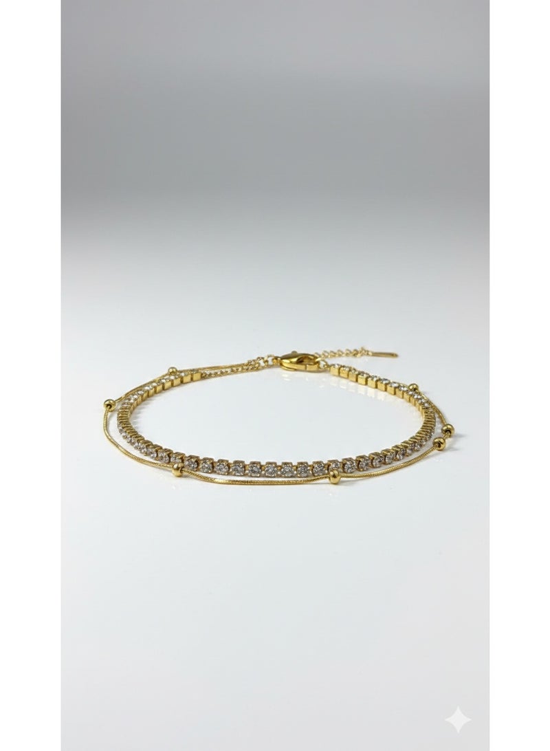 Elegant Double-Layer Gold Bracelet with Crystal Embellishments - Rust Resistant. - Image 2