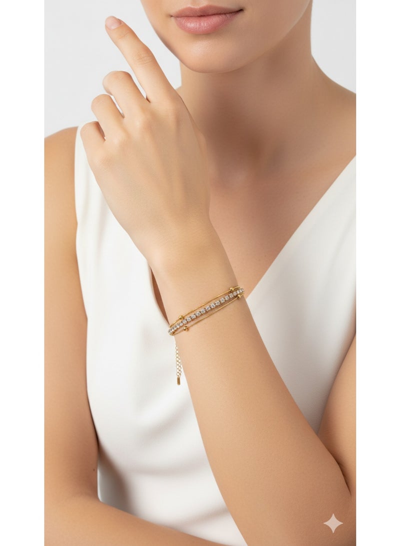 Elegant Double-Layer Gold Bracelet with Crystal Embellishments - Rust Resistant. - Image 1