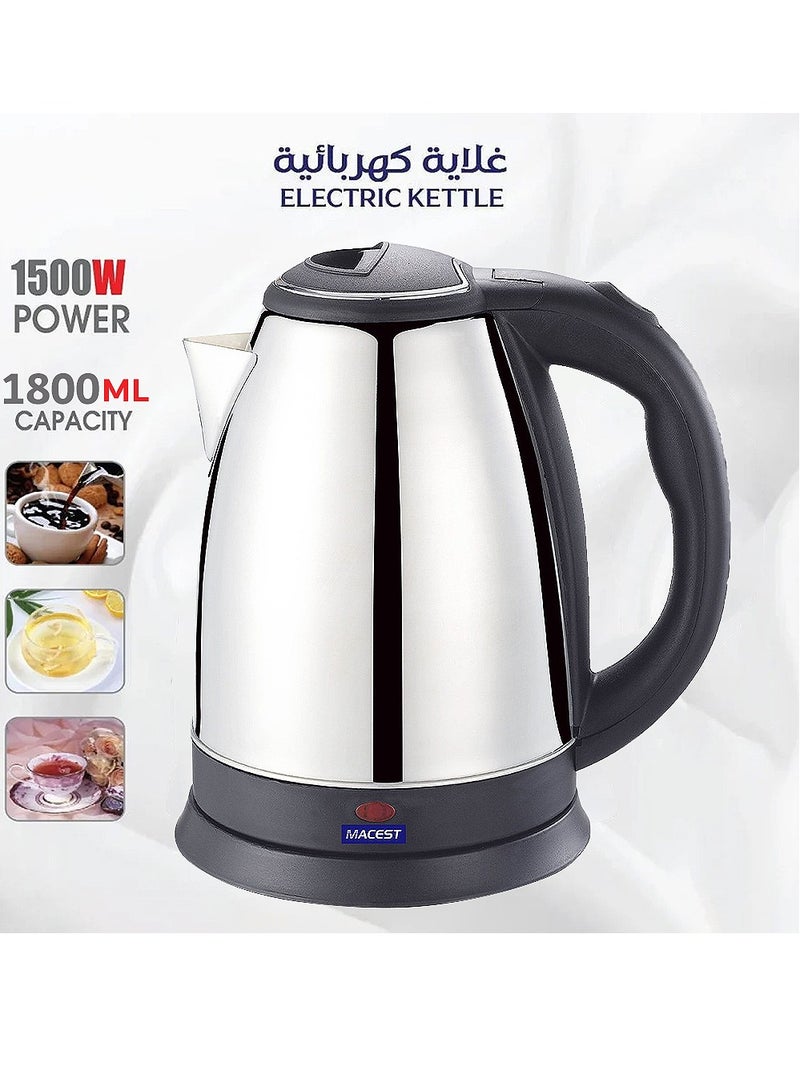 MACEST 1500 Watt Electric Kettle with 1.8 Litres Capacity Macest MC-63218 - Silver & Black - Image 2