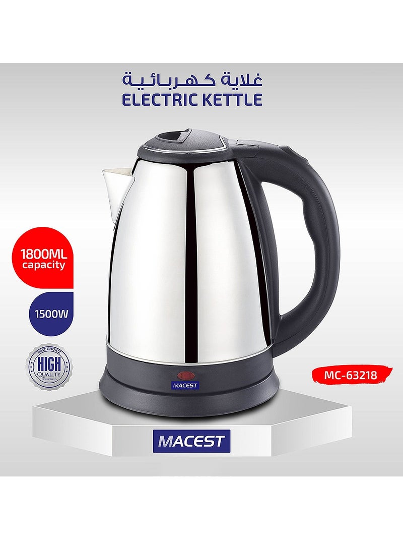MACEST 1500 Watt Electric Kettle with 1.8 Litres Capacity Macest MC-63218 - Silver & Black - Image 3