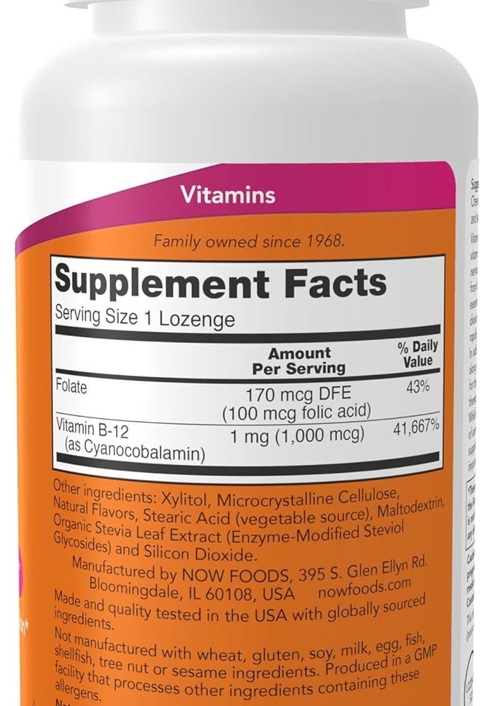 NOW Supplements Vitamin B-12 1,000 mcg with Folic Acid, 250 Chewable Lozenges for Nervous System Health - Image 2