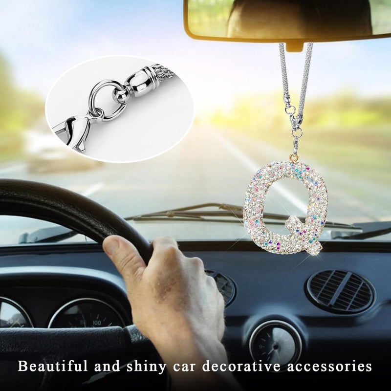 DXNQ Bling Initial Car Rear View Mirror Ornament, Crystal Sparkling Cute Letter Charm Pendant Auto Decor, Hanging Lucky Diamond Initial Charm Car Mirror Bag Ornament for Girl Women (Letter Q) - Image 4