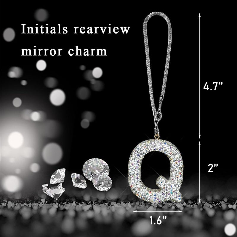 DXNQ Bling Initial Car Rear View Mirror Ornament, Crystal Sparkling Cute Letter Charm Pendant Auto Decor, Hanging Lucky Diamond Initial Charm Car Mirror Bag Ornament for Girl Women (Letter Q) - Image 2