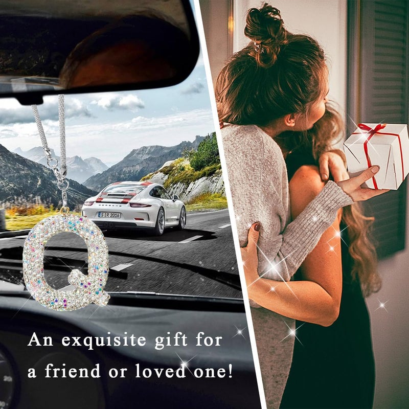 DXNQ Bling Initial Car Rear View Mirror Ornament, Crystal Sparkling Cute Letter Charm Pendant Auto Decor, Hanging Lucky Diamond Initial Charm Car Mirror Bag Ornament for Girl Women (Letter Q) - Image 5