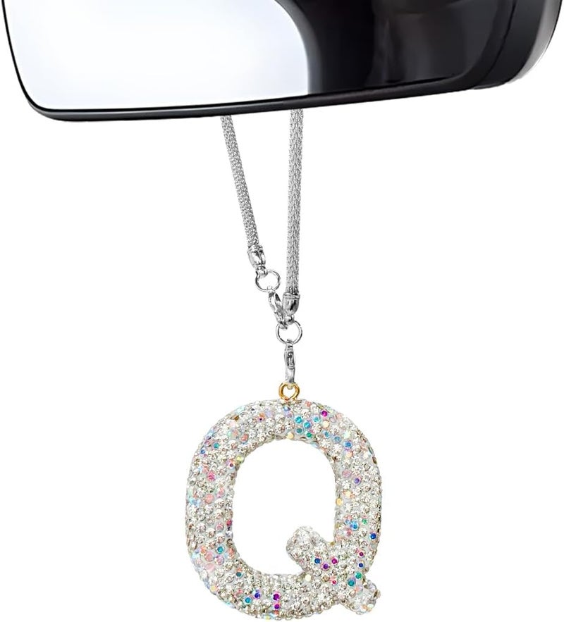 DXNQ Bling Initial Car Rear View Mirror Ornament, Crystal Sparkling Cute Letter Charm Pendant Auto Decor, Hanging Lucky Diamond Initial Charm Car Mirror Bag Ornament for Girl Women (Letter Q) - Image 1