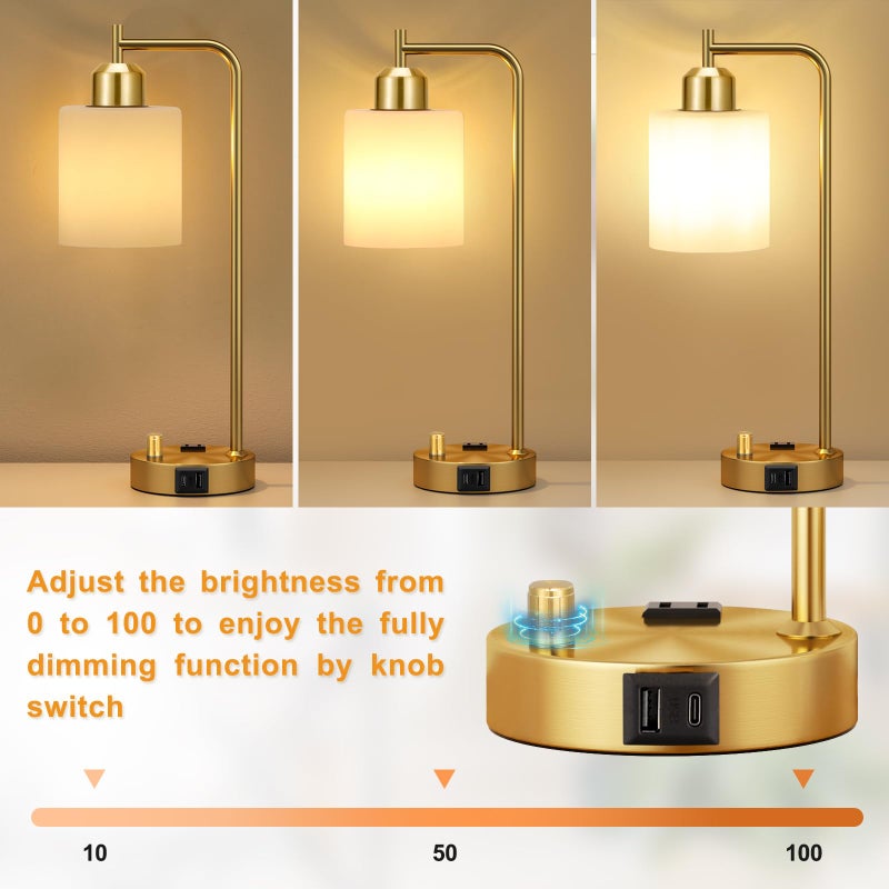 Innqoo Gold Lamp for Bedroom - Industrial Bedside Table Lamp with USB Port and Outlet, Fully Dimmable Nightstand Lamp with Opal Glass Shade, Small Desk Lamps for Home Office - Image 2