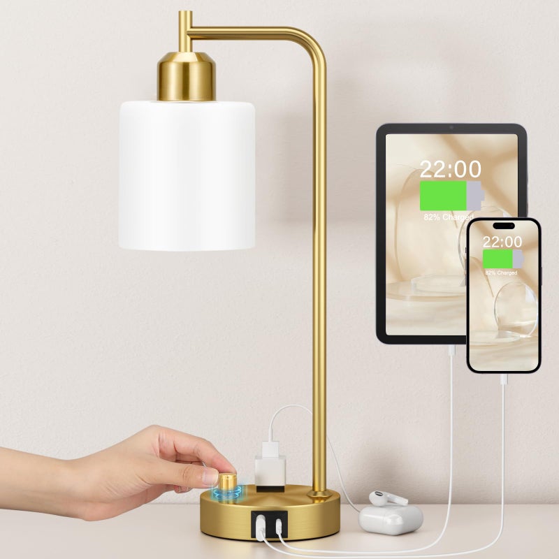 Innqoo Gold Lamp for Bedroom - Industrial Bedside Table Lamp with USB Port and Outlet, Fully Dimmable Nightstand Lamp with Opal Glass Shade, Small Desk Lamps for Home Office - Image 1
